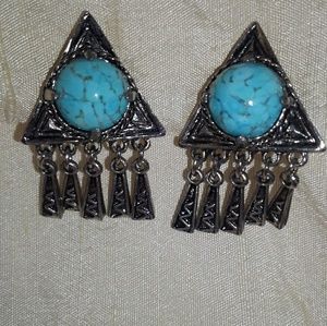 Vintage Turquoise Dangle Triangle Clip on Earrings